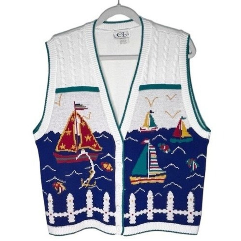 Vintage Cricket Lane XL White Sweater Vest Women's Nautical Sailboat Knit